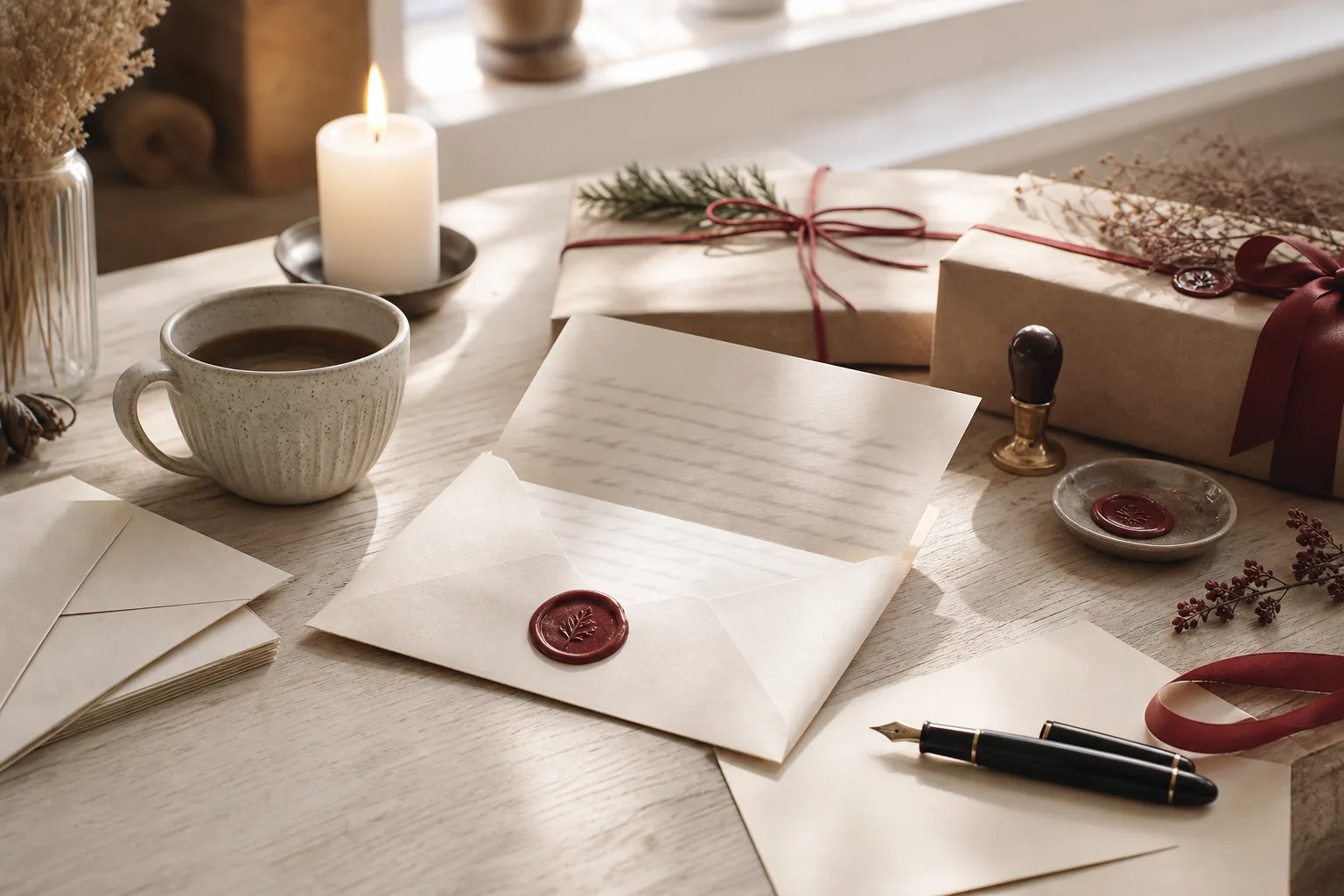 Ett handskrivet brev i ett öppnat kuvert på ett köksbord, bredvid en kopp kaffe