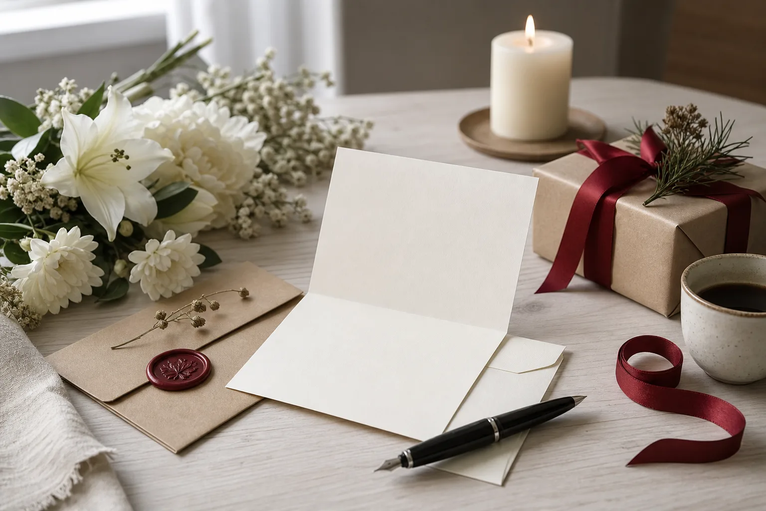 En reservoarpenna vilar bredvid ett tomt minneskort på ett bord, med vita blommor i förgrunden