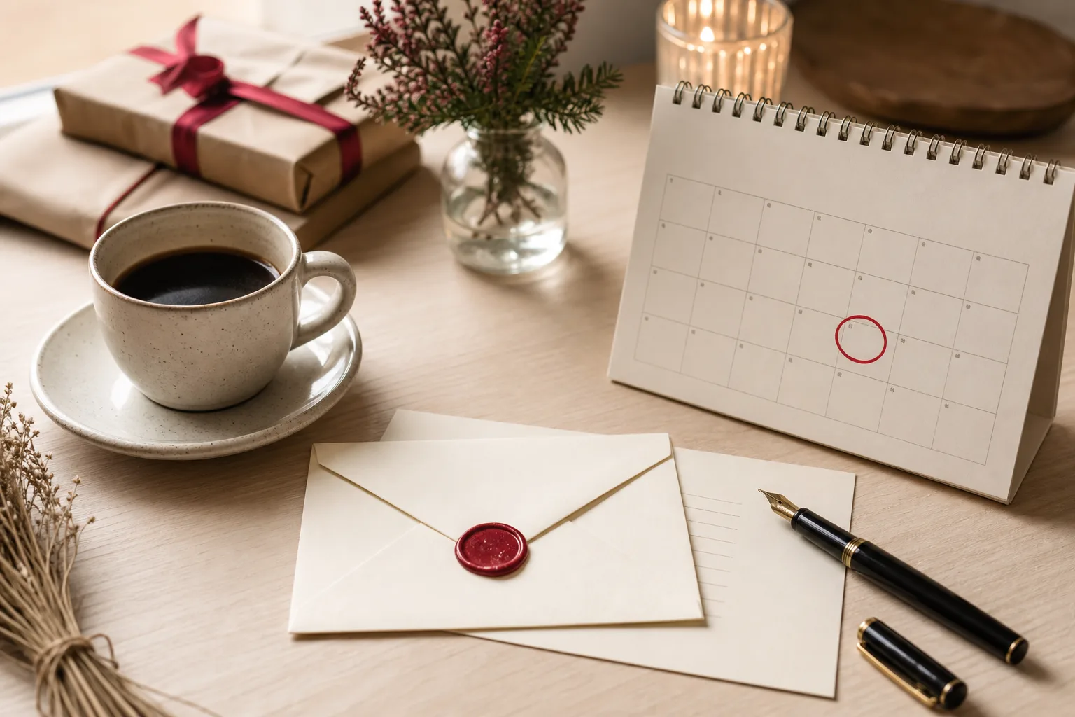 Kalender med en markerad dag den 28:e bredvid en kaffekopp och ett gåvobevis på ett träbord