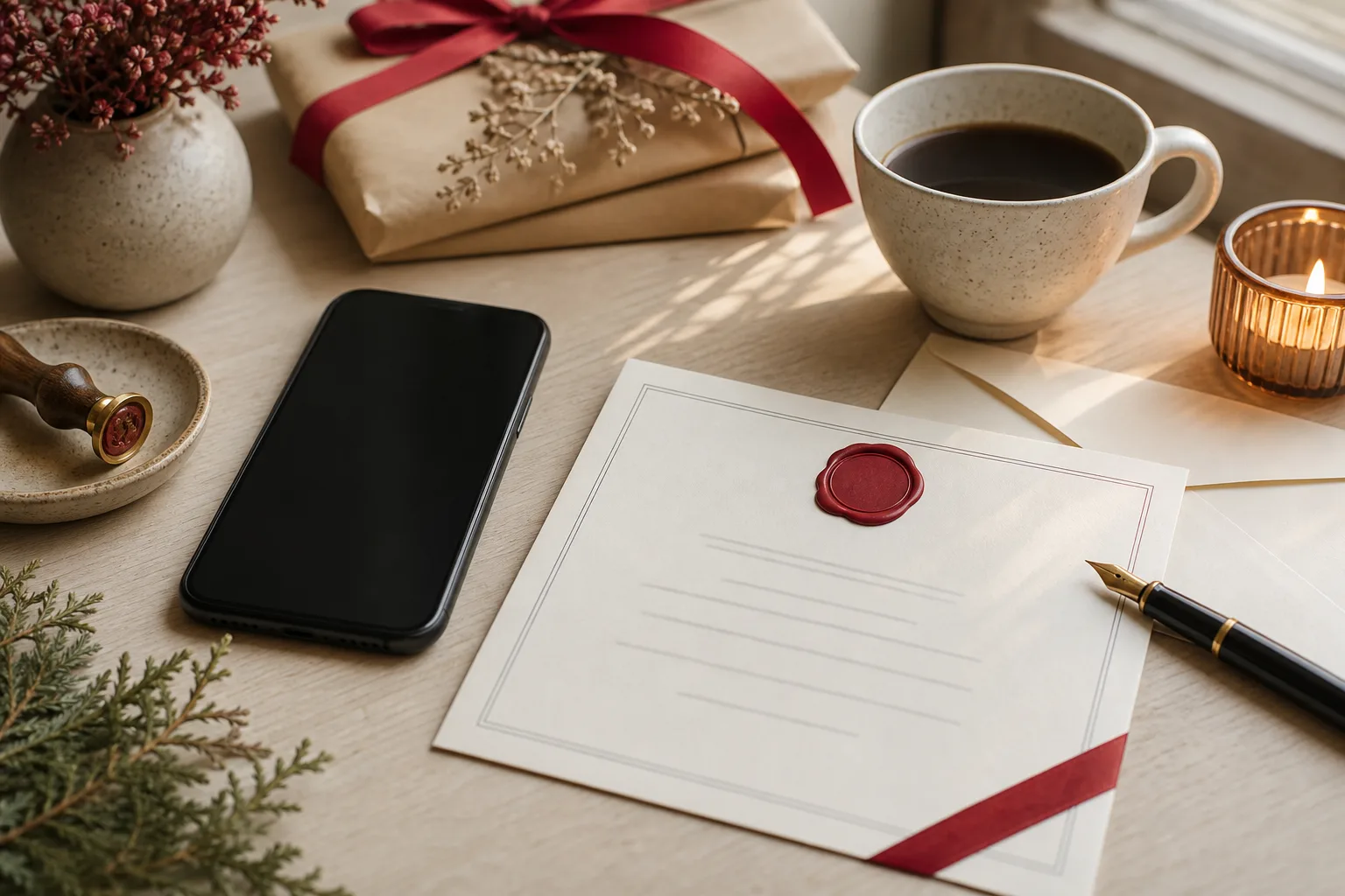 En mobiltelefon med släckt skärm bredvid ett gåvobevis och en kaffekopp på ett bord